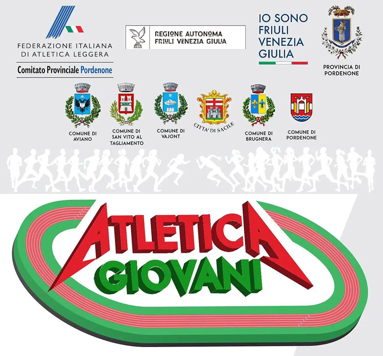 Locandina Atletica Giovani 2026 FIDAL Pordenone con calendario eventi e comuni coinvolti nel Friuli Venezia Giulia.